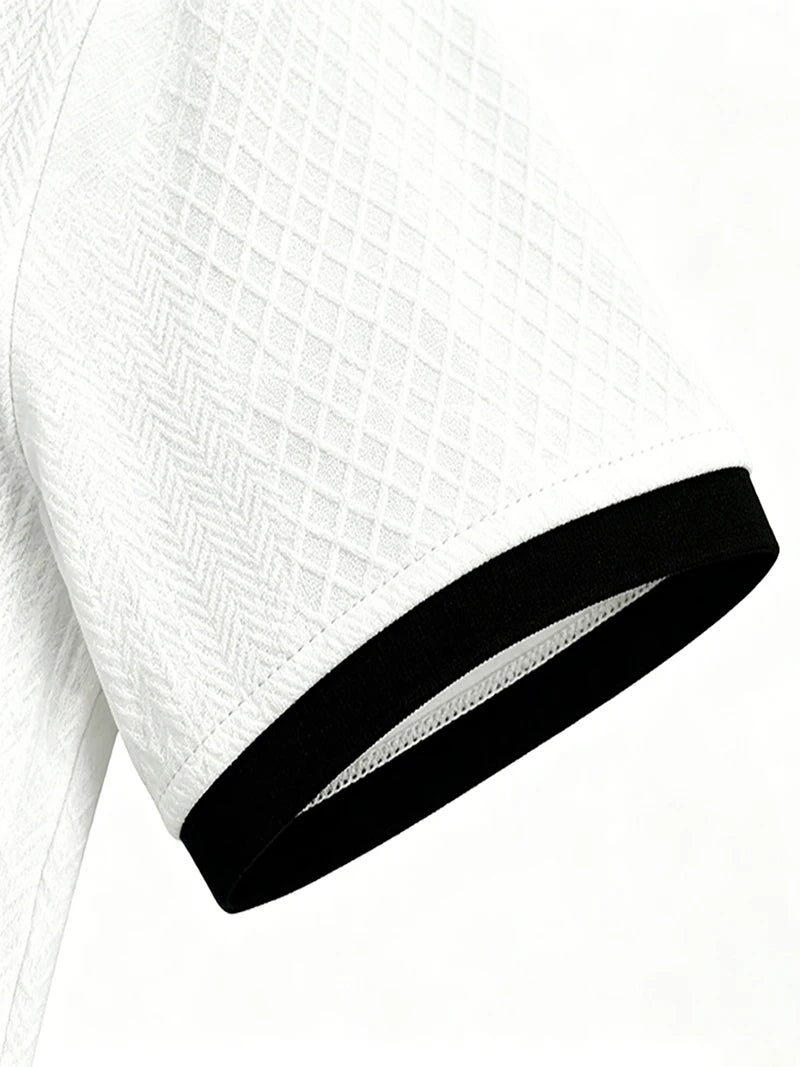 2026 Summer Men's Jacquard Knit Polo Shirt Contrast Collar Short Sleeve Loose Fit Soft Breathable Casual Sport Daily Wear Tops