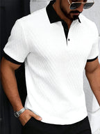 2026 Summer Men's Jacquard Knit Polo Shirt Contrast Collar Short Sleeve Loose Fit Soft Breathable Casual Sport Daily Wear Tops