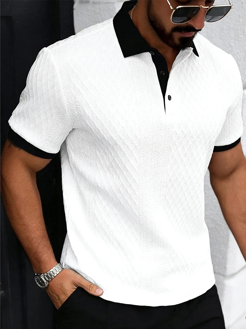 2026 Summer Men's Jacquard Knit Polo Shirt Contrast Collar Short Sleeve Loose Fit Soft Breathable Casual Sport Daily Wear Tops