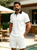 2026 Summer Men's Jacquard Knit Polo Shirt Contrast Collar Short Sleeve Loose Fit Soft Breathable Casual Sport Daily Wear Tops