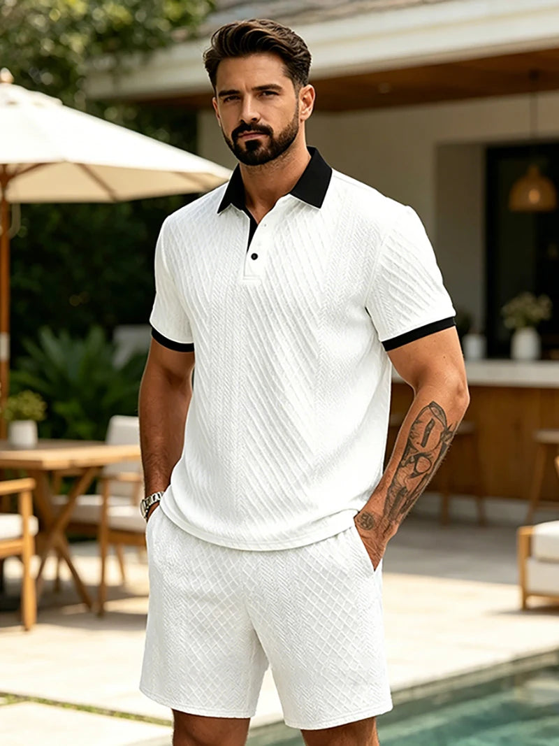 2026 Summer Men's Jacquard Knit Polo Shirt Contrast Collar Short Sleeve Loose Fit Soft Breathable Casual Sport Daily Wear Tops