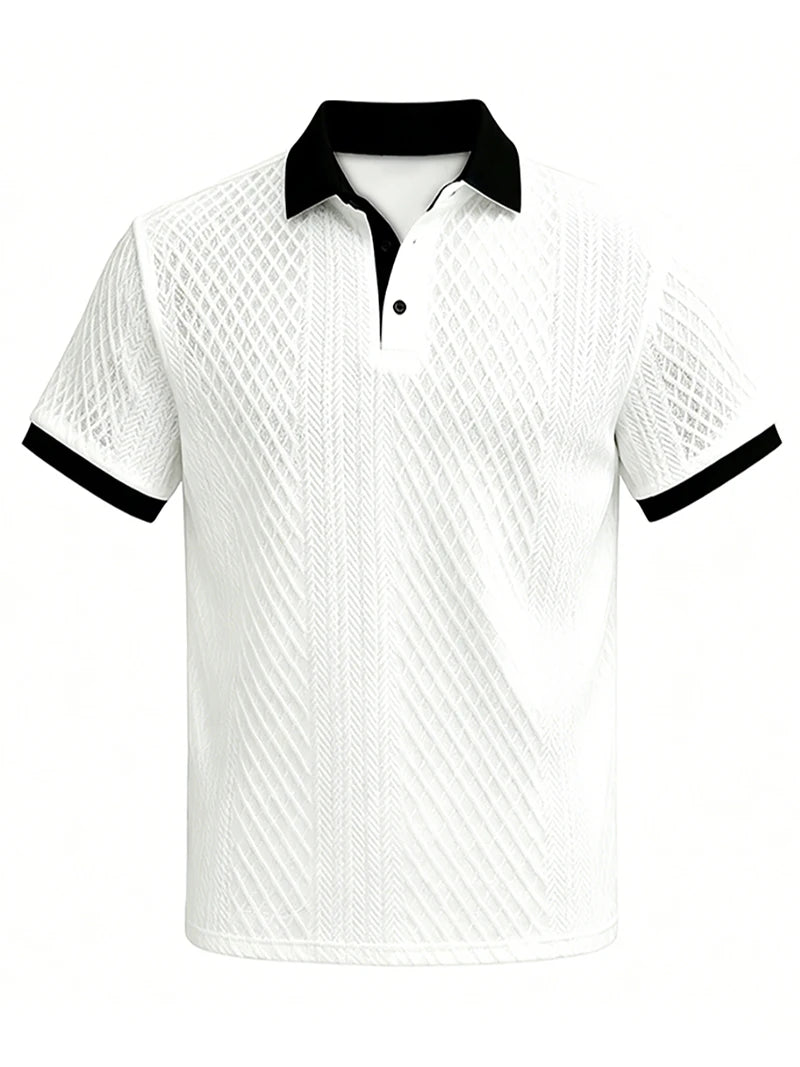 2026 Summer Men's Jacquard Knit Polo Shirt Contrast Collar Short Sleeve Loose Fit Soft Breathable Casual Sport Daily Wear Tops