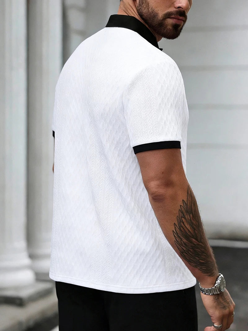 2026 Summer Men's Jacquard Knit Polo Shirt Contrast Collar Short Sleeve Loose Fit Soft Breathable Casual Sport Daily Wear Tops