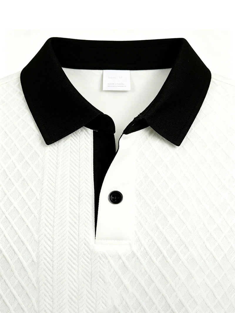 2026 Summer Men's Jacquard Knit Polo Shirt Contrast Collar Short Sleeve Loose Fit Soft Breathable Casual Sport Daily Wear Tops